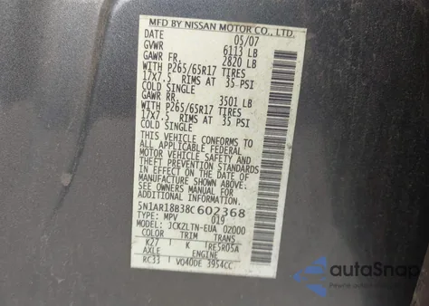 2008 Nissan Pathfinder Se from USA, damaged, VIN 5N1AR18B38C602368